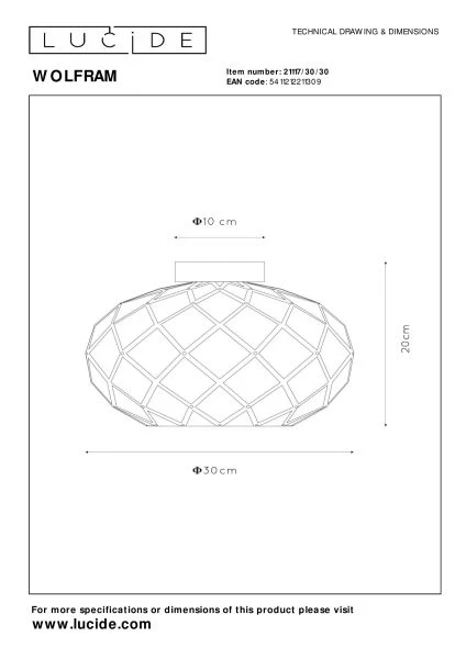 Lucide WOLFRAM - Plafonnière - Ø 30 cm - 1xE27 - Zwart - technisch